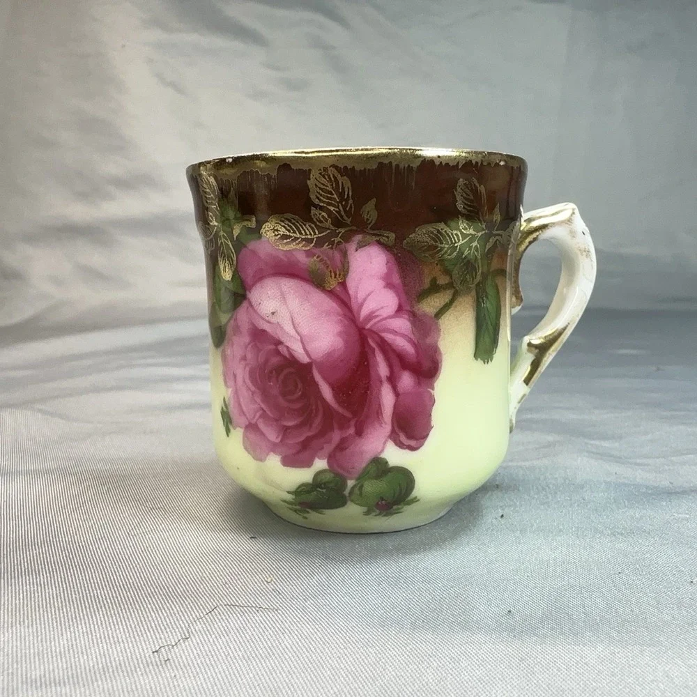 Antique Victorian Demitasse Cup Pink Rose Gold‎ Gilt Shaded Yellow Porcelain